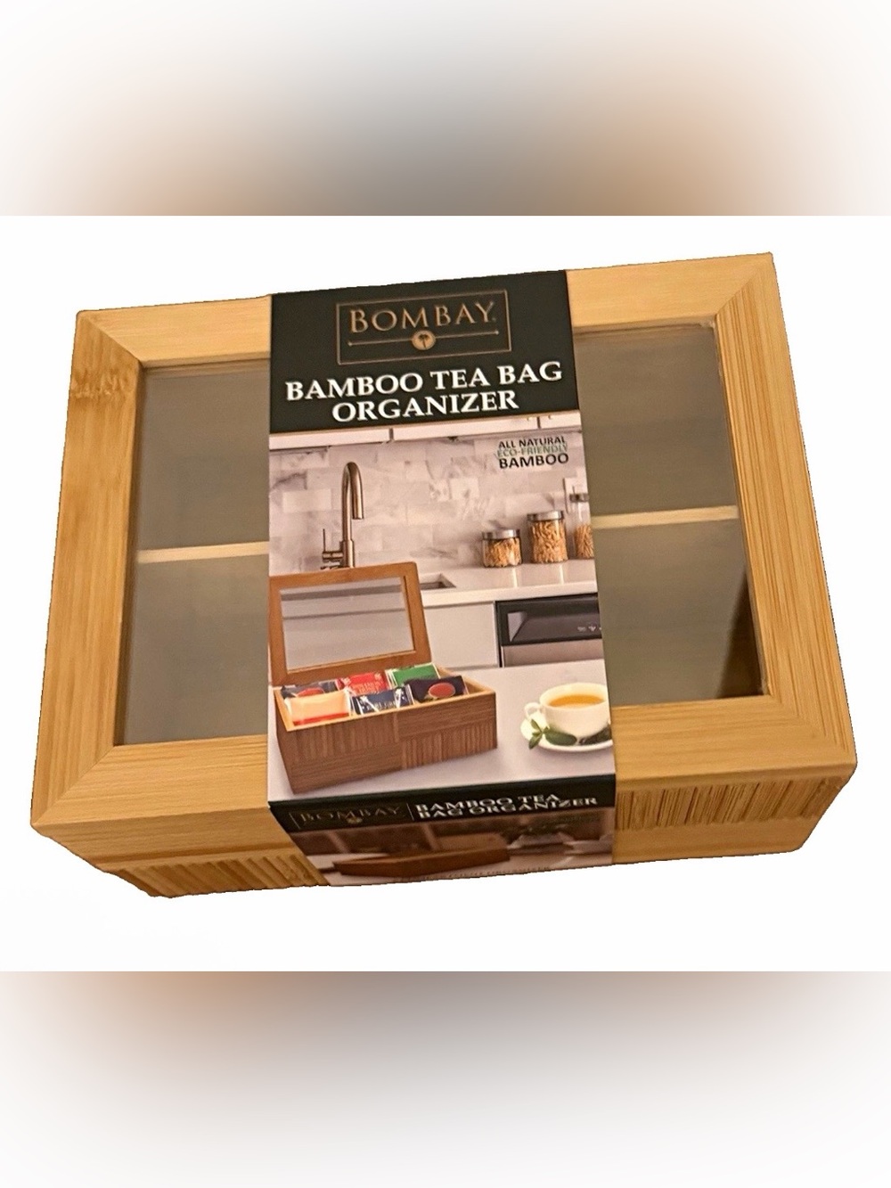 Bombay Bamboo Tea Bag Organizer - Light Wood with Clear Lid 6 Compartments NWT